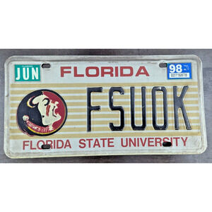 Florida License Plate Florida State University FSU OK Expired 1998